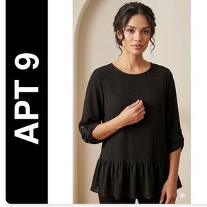 Apt. 9 Black Pleated Peplum Blouse Roll Tab Sleeves Size 1X EUC